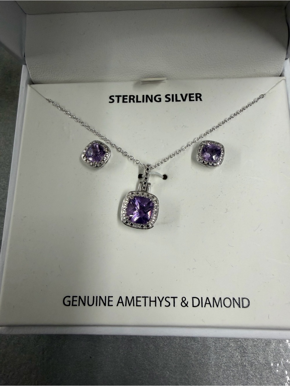 Sterling Silver Genuine Amethyst & Diamond Necklace and Earrings Set - Purple